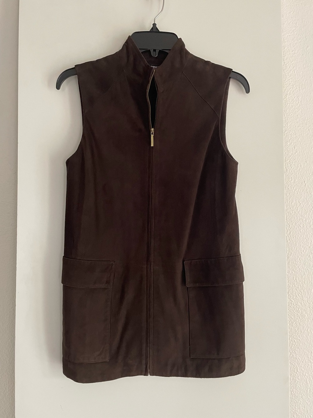 2P Company Ellen Tracy Genuine Suede Leather Vest Dk.Brown/Gold Zip NWOT
